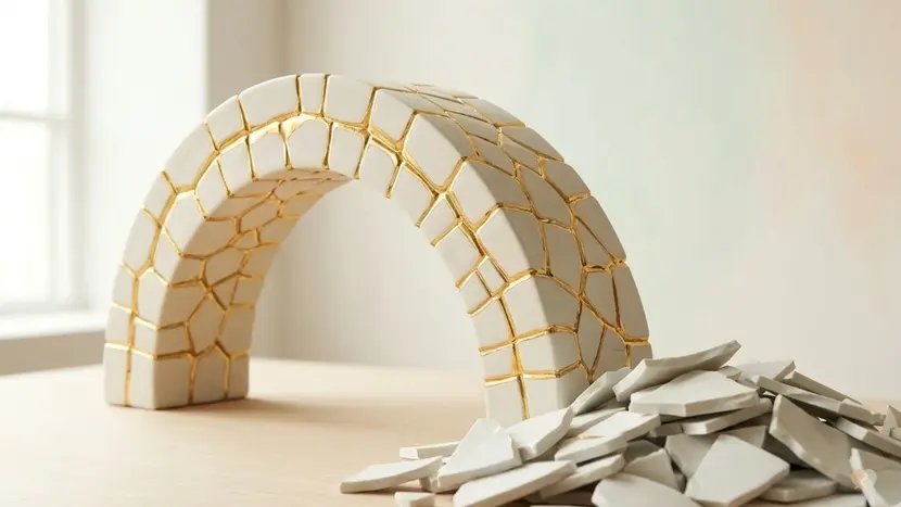 Arco kintsugi de cerámica y piezas rotas que ilustran alternativas de bajo coste a las apps de terapia, apoyo psicológico accesible y opciones para relaciones cuando la terapia online es demasiado cara.