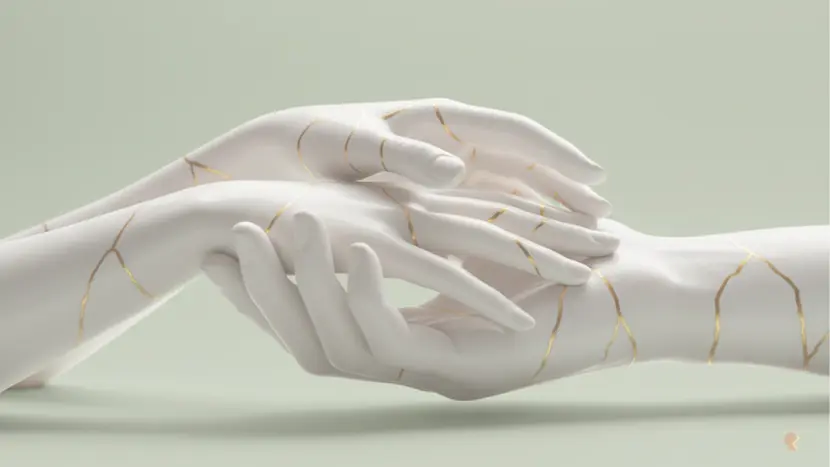 Kintsugi hands metaphor for relationship apps vs couples therapy, showing how professional help and digital tools repair emotional bonds.