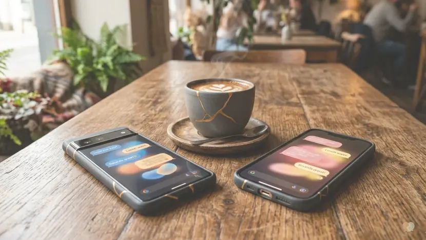 Two phones showing text conversations next to a kintsugi repaired cup, representing if relationship apps are worth it for improving couples communication and resolving conflicts.