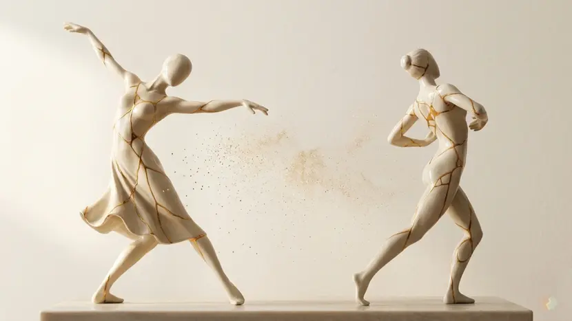 Anxious-avoidant trap representation showing two cracked porcelain dancers pulling apart, illustrating toxic attachment style cycles and relationship conflicts.