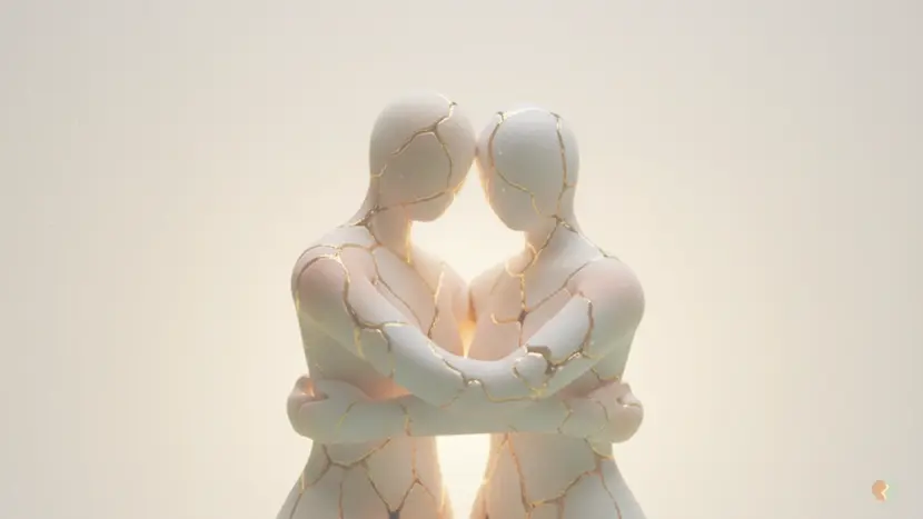 LoveFix vs couples therapy comparison showing Kintsugi-style figures hugging to symbolize relationship repair, healing, and professional counseling.