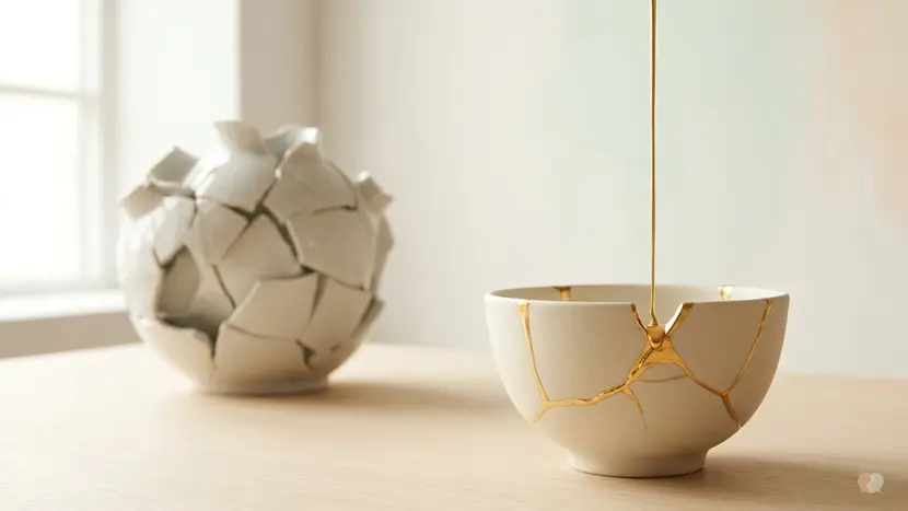 A Kintsugi-style bowl representing Talkspace alternatives for couples therapy, showing a broken ceramic vessel being restored with gold to illustrate emotional healing and conflict resolution.