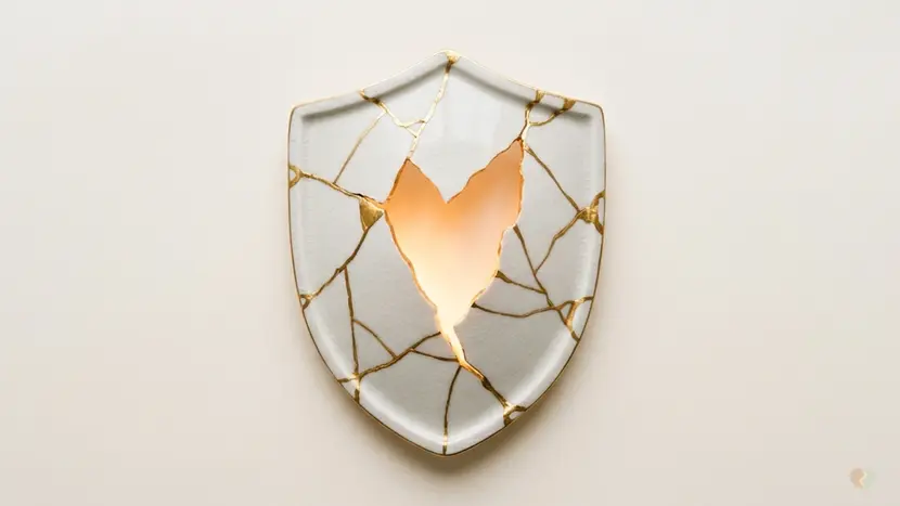 Kintsugi shield representing relationship repair and conflict resolution, comparing the costs and benefits of LoveFix AI coaching and Talkspace online therapy.