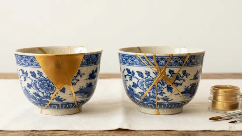 Kintsugi repaired ceramic bowls illustrating relationship repair, the benefits of online couples counseling, and healing through therapy platforms like BetterHelp and Regain.