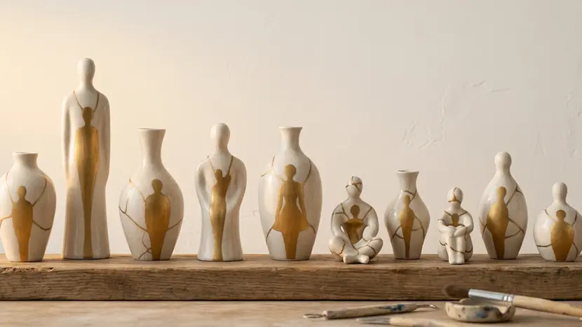 Kintsugi ceramic figures representing relationship repair, illustrating affordable BetterHelp alternatives for couples therapy.