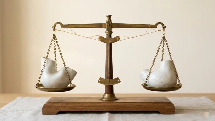 Vintage scale balancing broken pottery representing Regain vs Talkspace couples therapy comparison for relationship repair and conflict resolution.