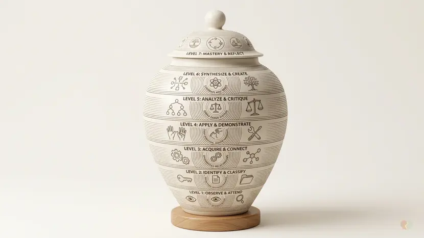 Layered ceramic jar showing progressive cognitive stages, representing the customized lesson plans, personal growth, and structured couples communication curriculum found in relationship coaching apps like Relish.