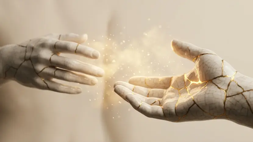 Reaching Kintsugi hands surrounded by golden light, illustrating how to handle relationship issues and communication blocks when a partner won't go to couples therapy.