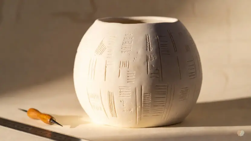 White ceramic pot with carved patterns next to a clay tool and ruler, representing relationship patterns, structured couples counseling apps, and self-guided marriage education tools like the Lasting app.