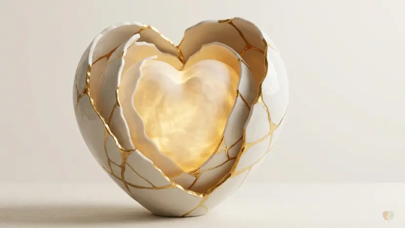A Kintsugi gold-repaired ceramic heart sculpture with a glowing illuminated core, illustrating avoidant attachment style triggers, relationship withdrawal, and emotional connection tips for couples.
