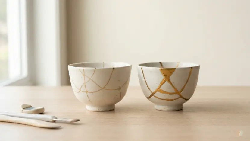 Two Kintsugi gold-repaired ceramic bowls side by side on a desk, illustrating a head-to-head review of LoveFix vs Paired app for couples conflict repair and daily connection.