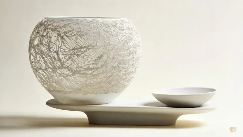 An elegant white porcelain mesh sculpture on a smooth tray, illustrating the structured framework of relationship education, couples counseling tools, and the visual concept of evaluating if the Lasting app is worth it.