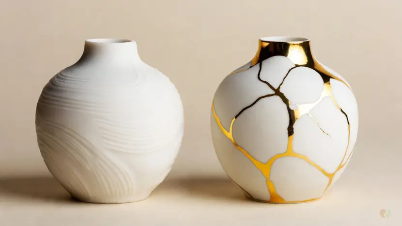 Carved white pottery vessel next to a clay sculpting tool and ruler, representing structured marriage curriculum and self-guided Lasting app alternatives.