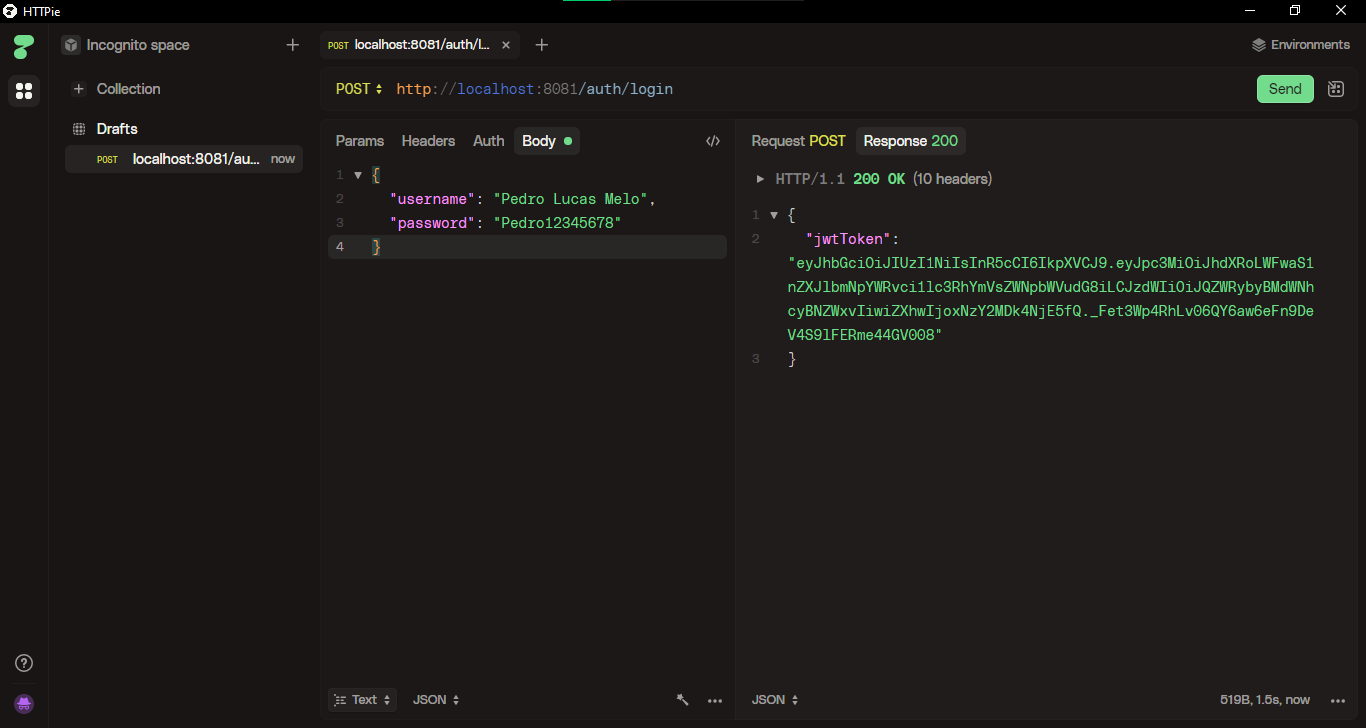 Imagem da sessão URL de login e token JWT