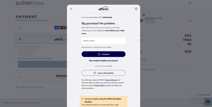 Affirm connected to the servers through our checkout