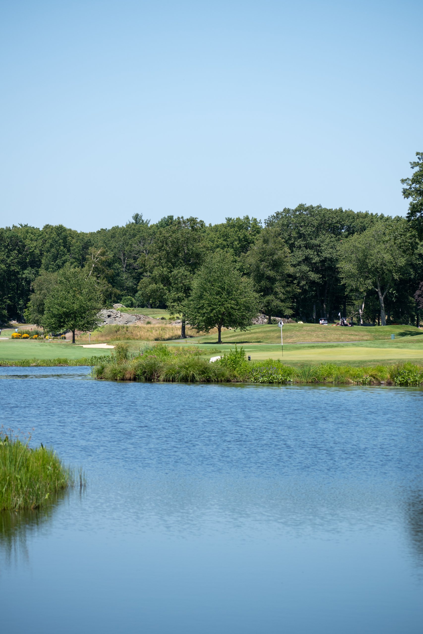 Scenic view across a pond to a green and flag, with a rocky outcrop, trees and golf carts in the distance.