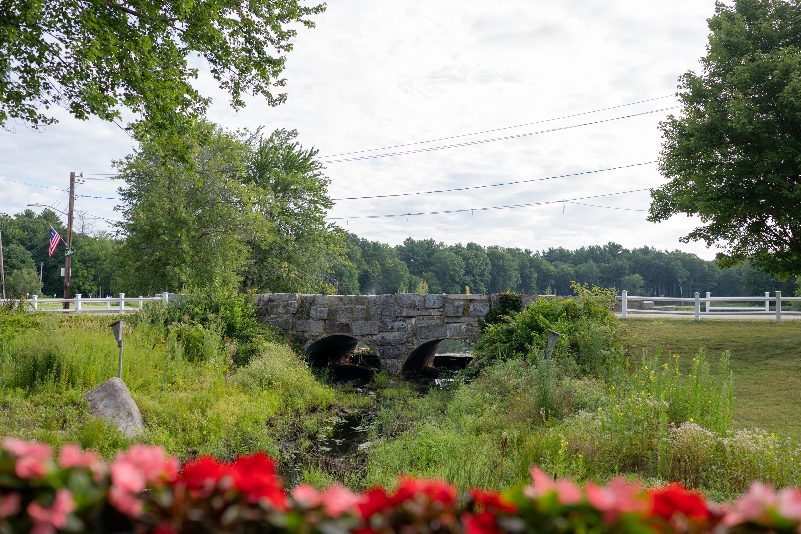 Old stone arched bridge over a creek surrounded by wildflowers, with an American flag and red blooms in the foreground.