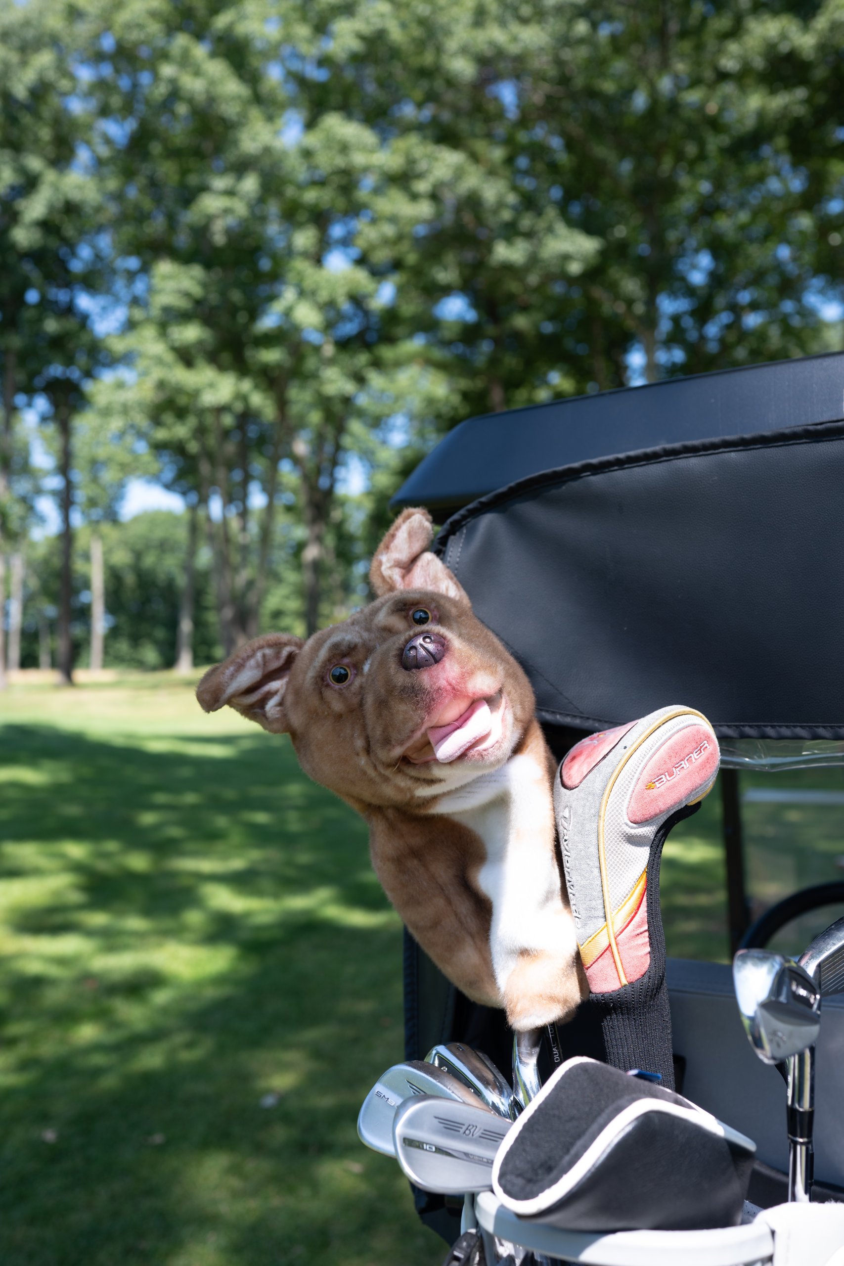 A plush brown-and-white bulldog driver headcover peeking out of a golf bag next to a TaylorMade Burner cover on a cart.