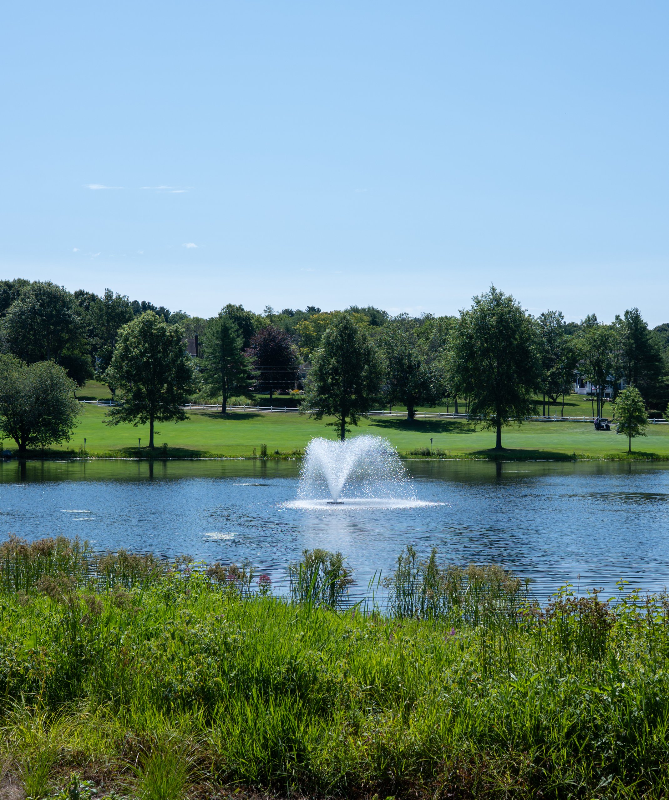Scenic pond with a tall V-shaped fountain, framed by trees and green fairway with wildflowers in the foreground.