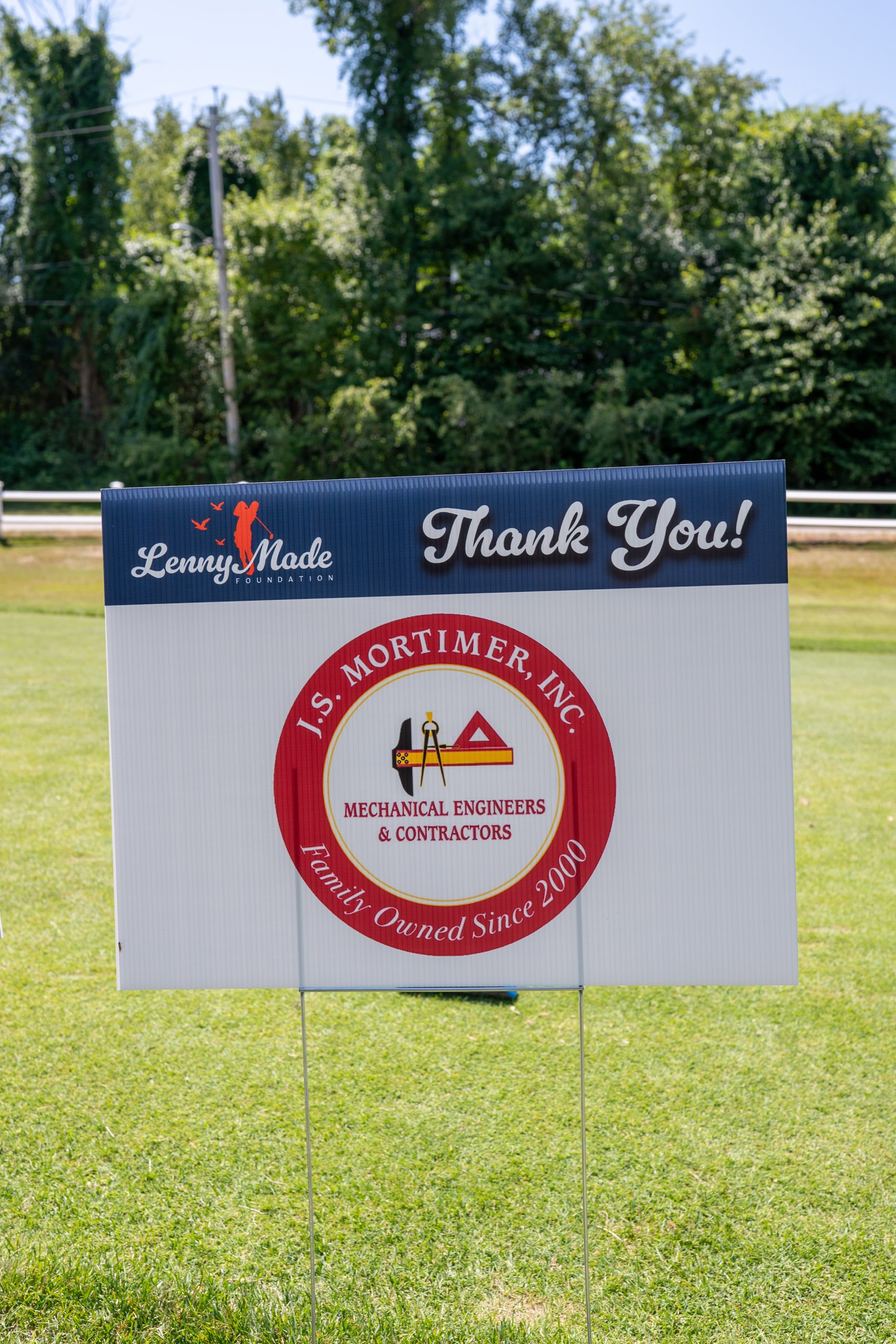 A LennyMade Foundation Thank You sponsor sign for J.S. Mortimer, Inc., Mechanical Engineers and Contractors.