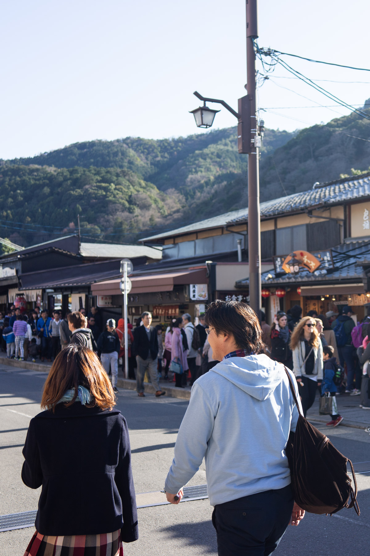 The main shopping street of Arashiyama is packed with souvenior shops and food vendors.