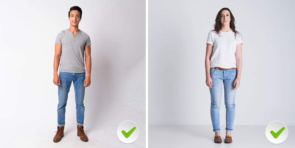 Example of an acceptable EP Casting Community main photo: full-length, facing the camera, against a white background.