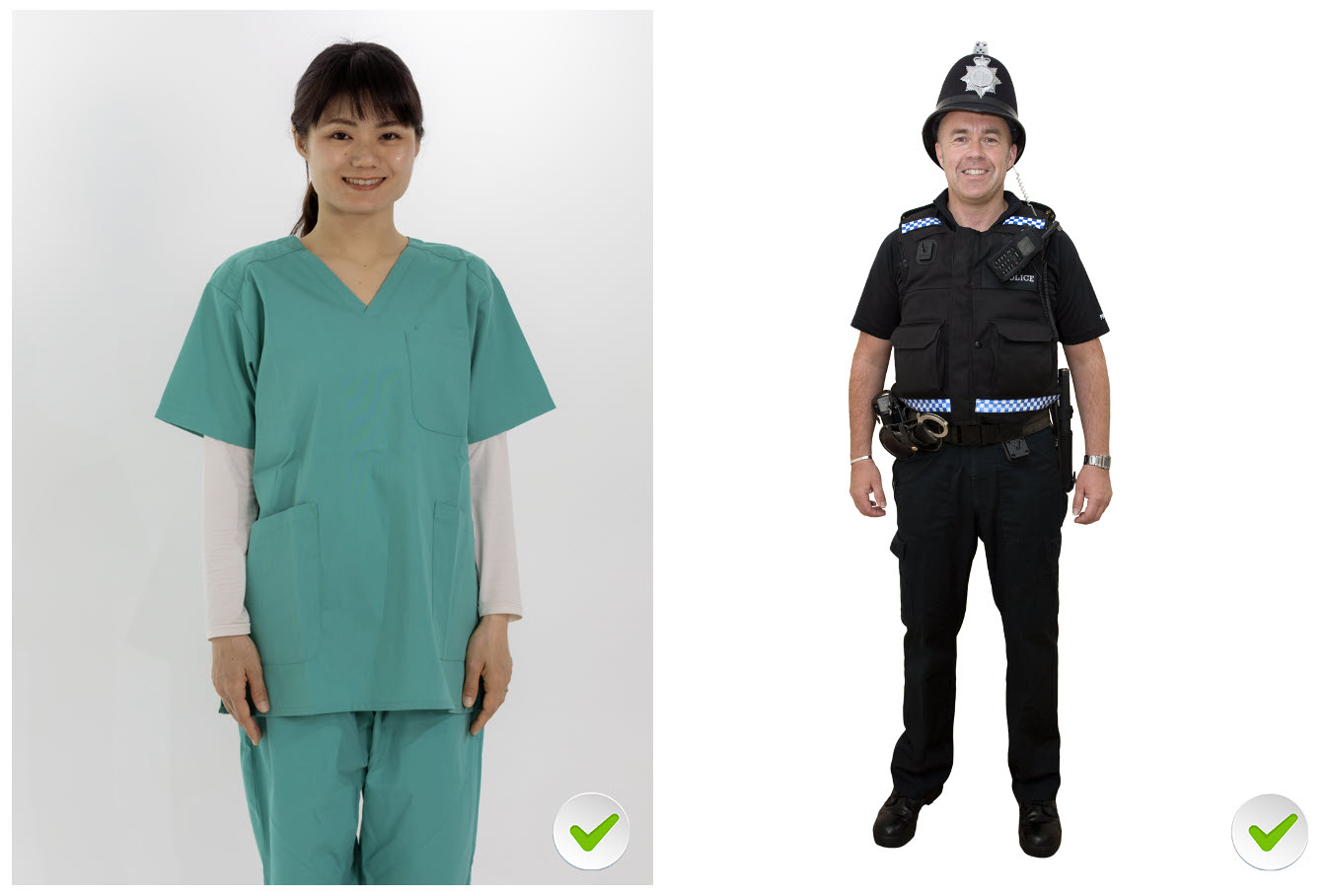 Examples of additional profile photos showing uniform looks: nurse scrubs and a police uniform.