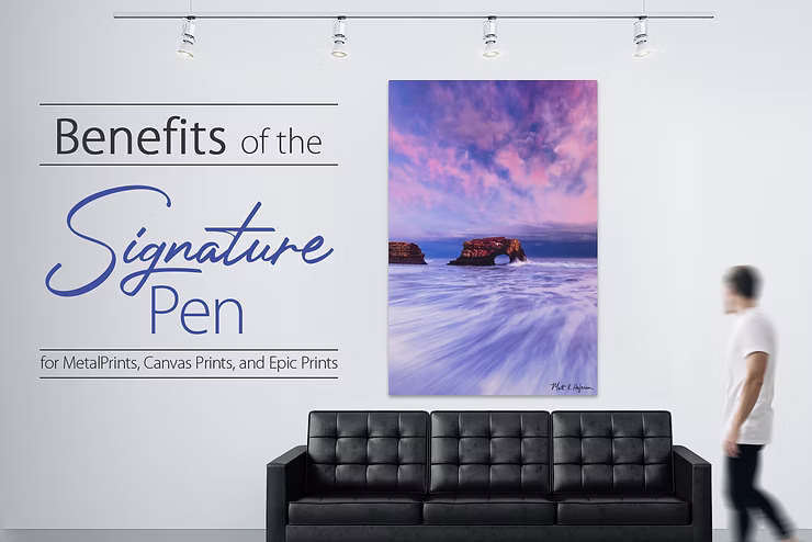 Signed MetalPrint using Signature Pen hanging above a sofa is being looked at by person walking by