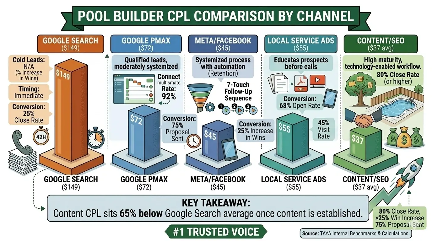 Pool builder cost per lead by channel.