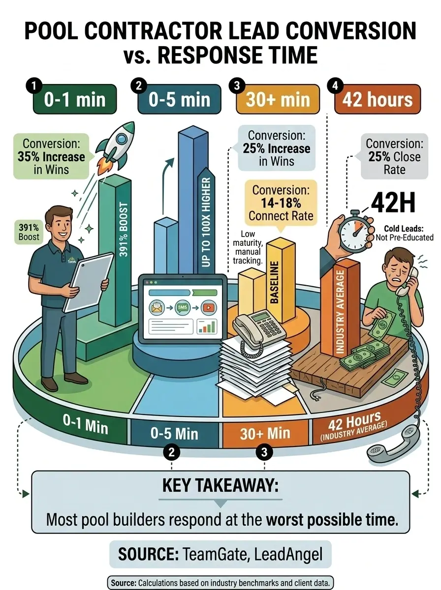 Pool contractor lead conversion vs response time.