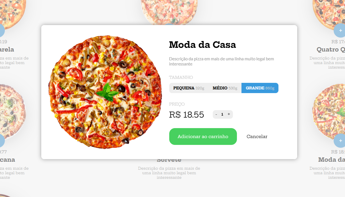 Imagem da sessão Modal de seleção de pizza