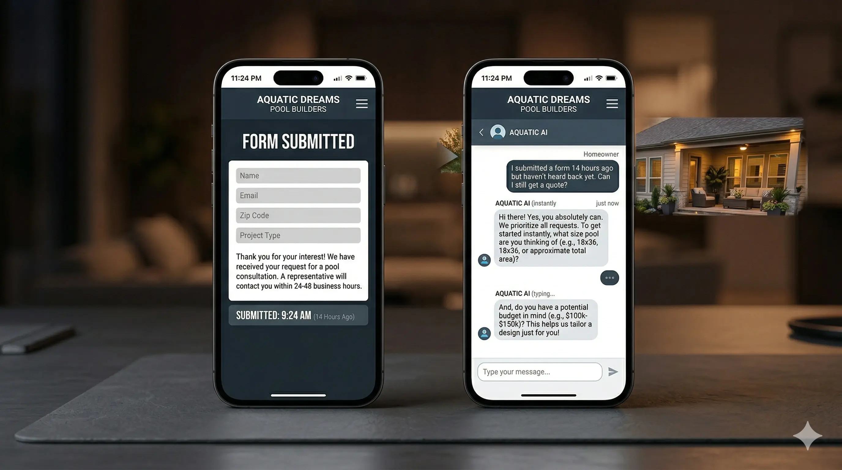 Split-screen of two smartphone screens. Left phone shows an unanswered pool quote request from 10 PM with no reply, timestamp showing 14 hours later.