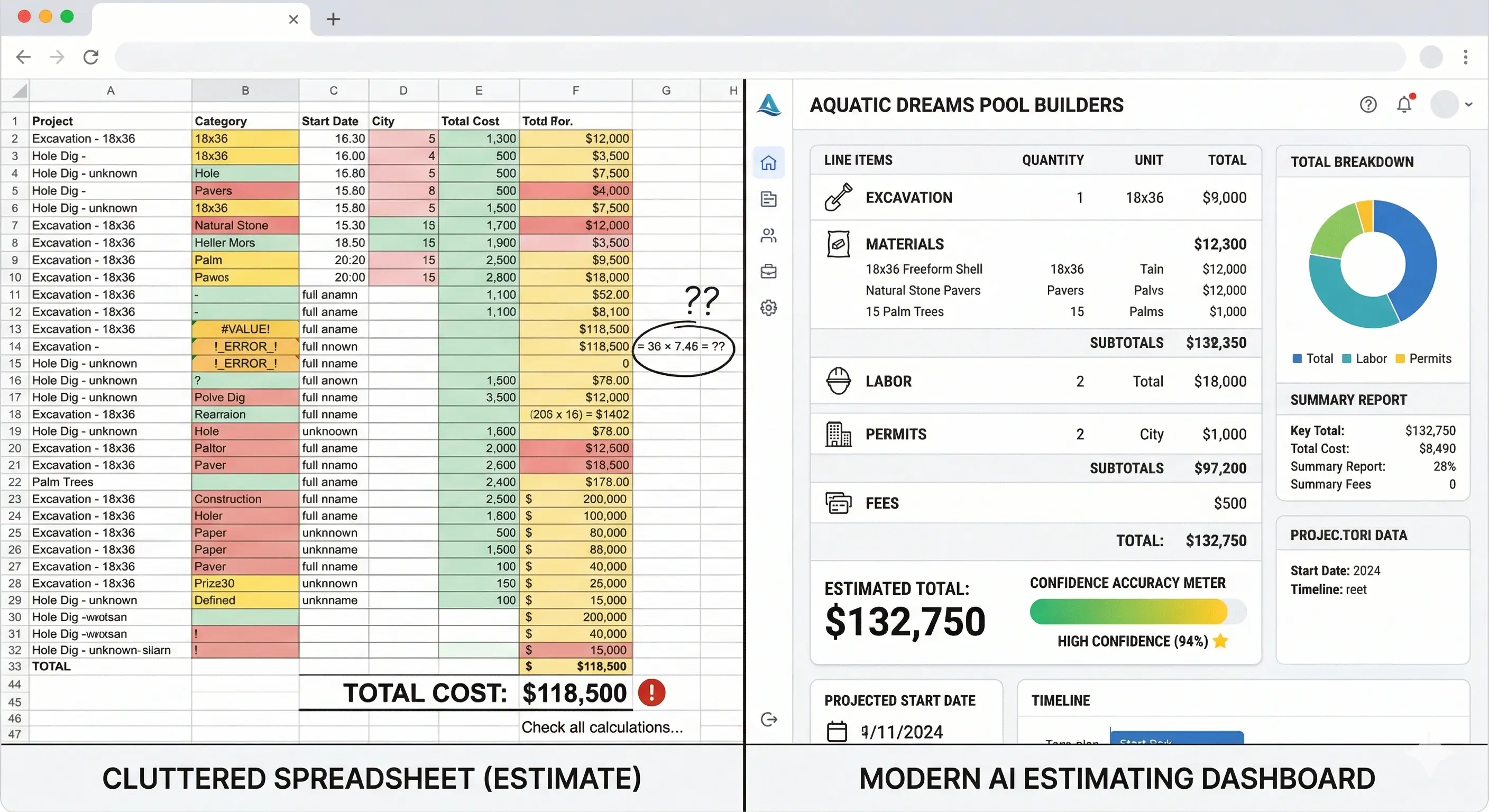 Side-by-side comparison of a messy spreadsheet estimate on the left with highlighted errors and manual formulas, versus a clean AI estimating dashboard on the right showing itemized materials, labor costs, and a confidence score.