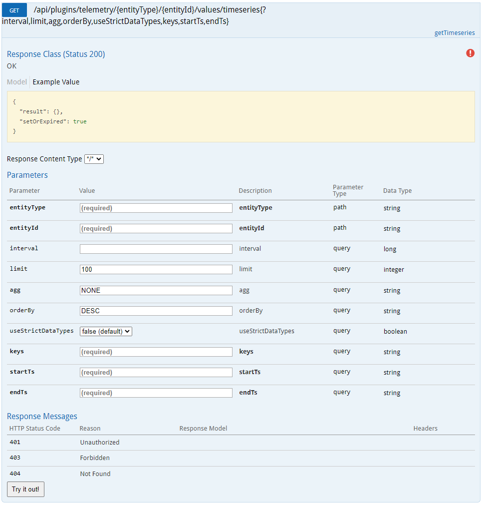 Graphical user interface, applicationAn example GET HTTP Method to trigger a read time series data operation.