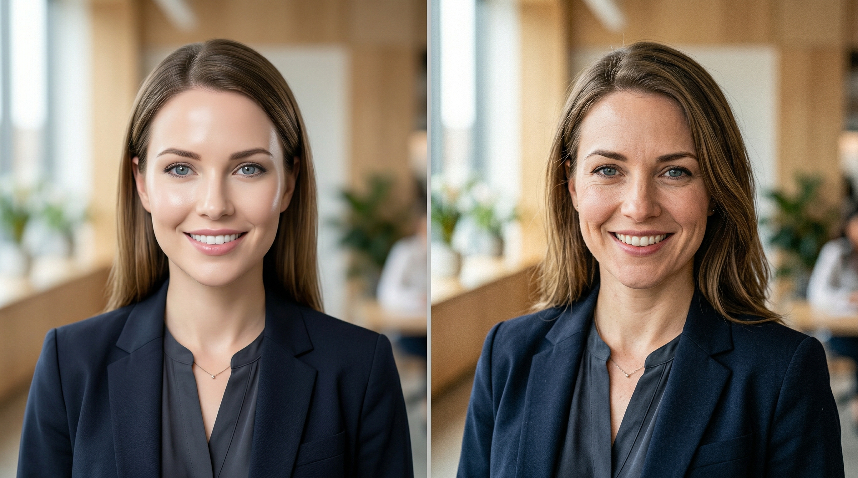 Side-by-side comparison of an overly symmetric AI headshot with plastic skin versus a natural-looking headshot with subtle asymmetry and real skin texture