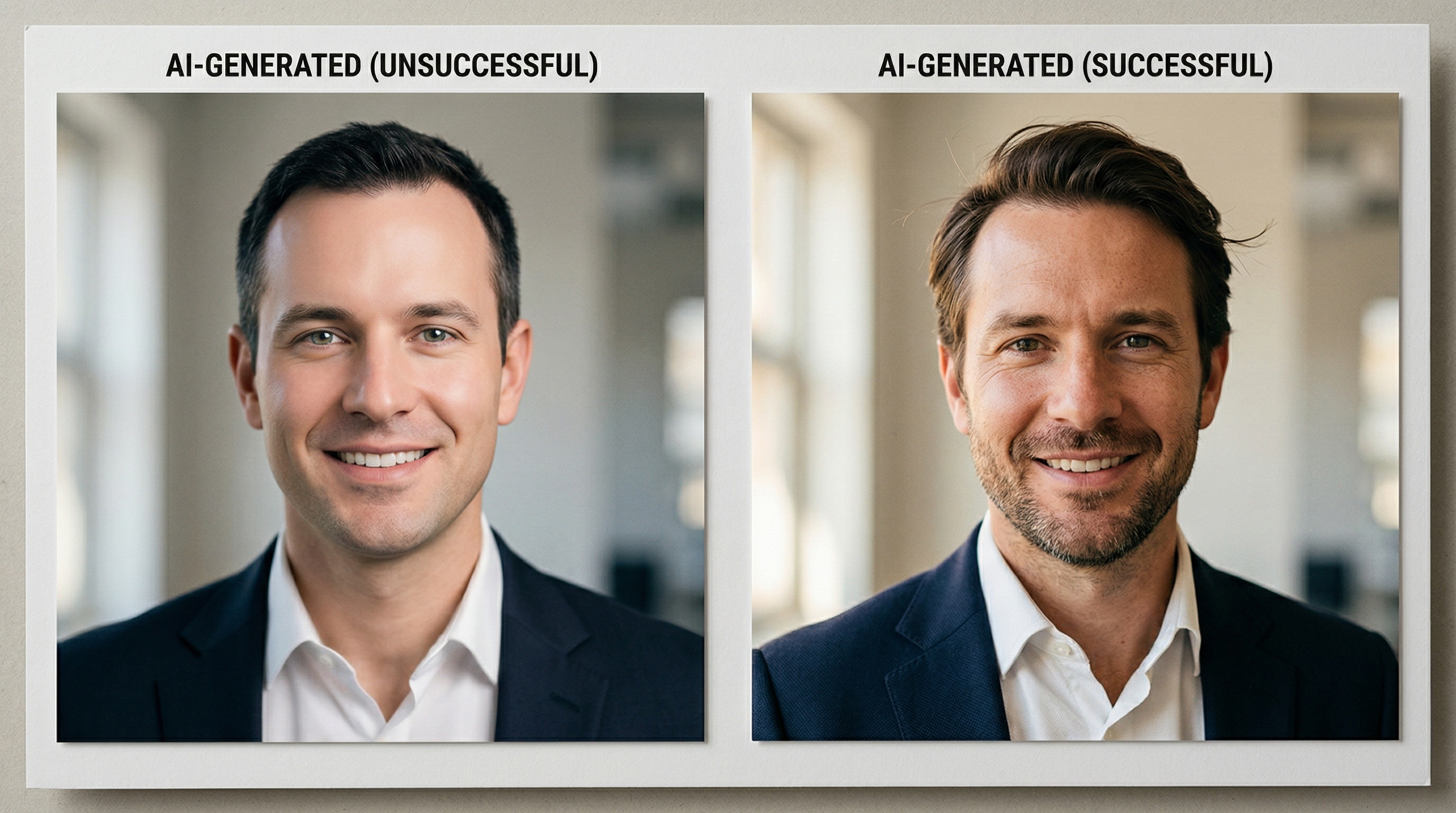 Annotated comparison of two AI headshots showing common artifacts in one versus natural, believable details in the other