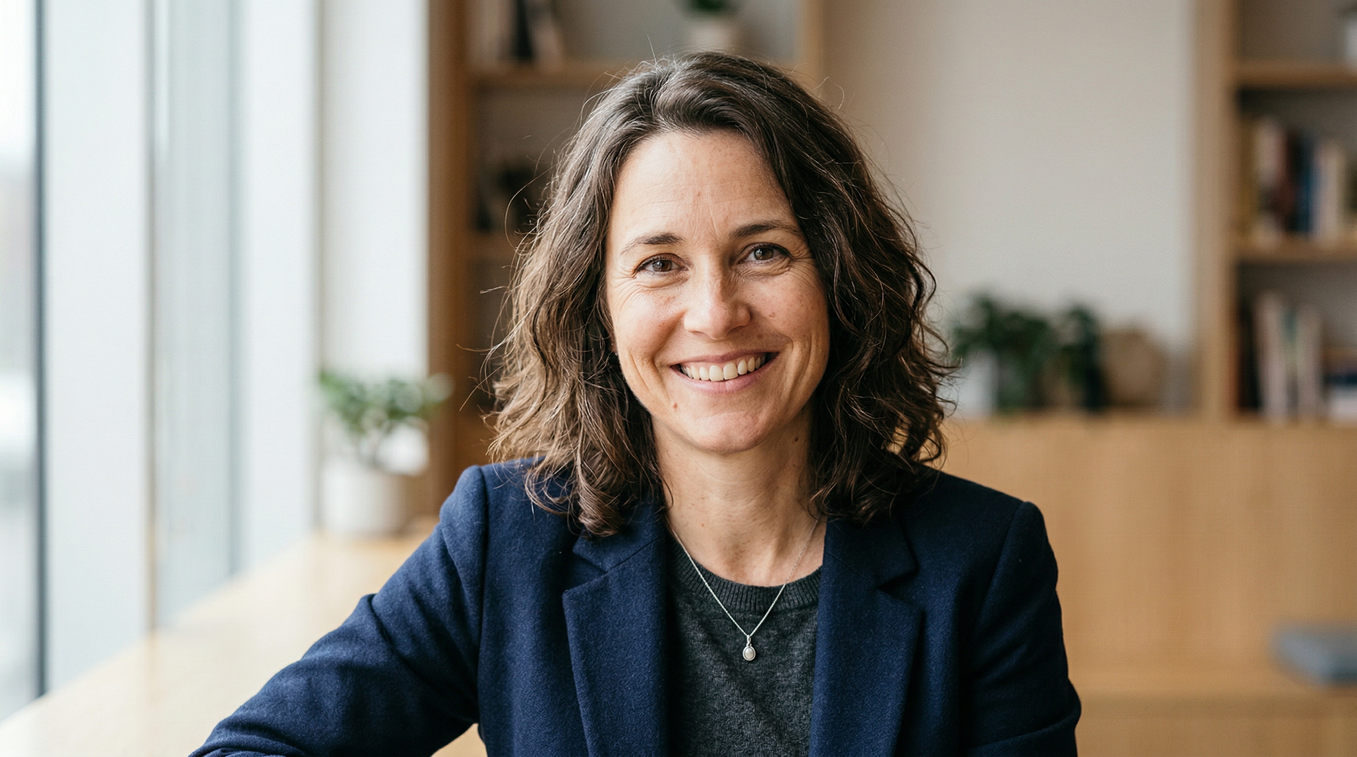 An authentic, warm professional headshot showing natural skin texture, genuine smile lines, and real character that builds trust and connection