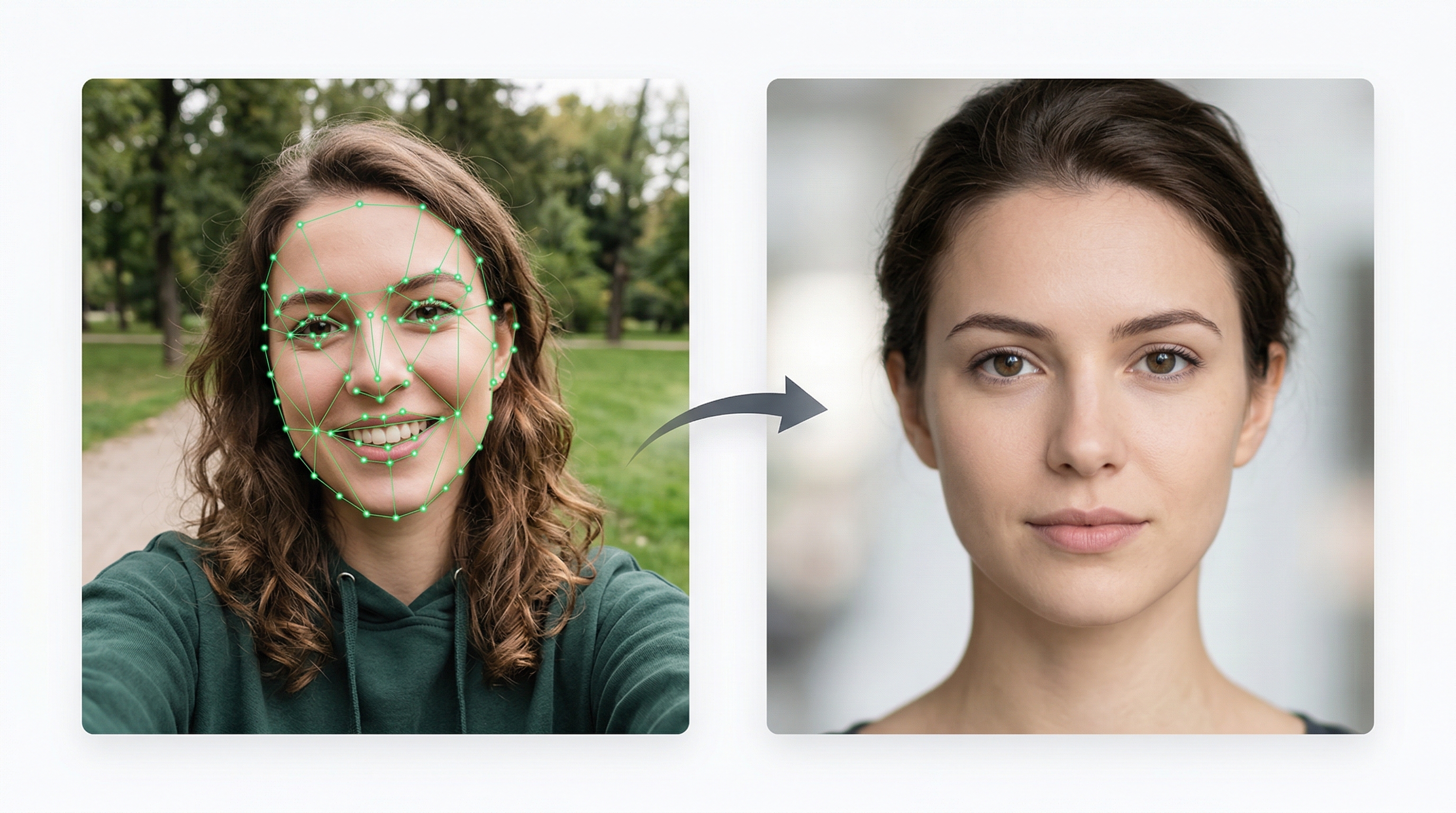 Illustration showing facial landmark detection dots on a selfie, with an arrow pointing to the aligned and cropped version of the same face