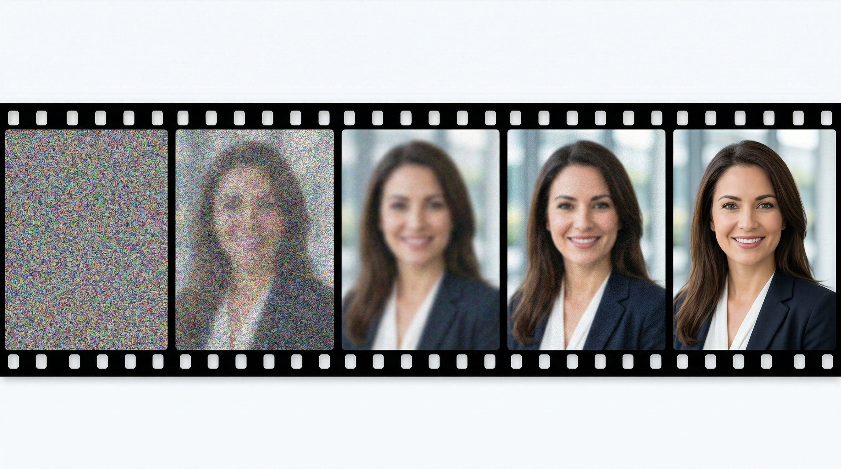 Five stages of the AI denoising process shown left to right, from pure visual noise gradually transforming into a polished professional headshot