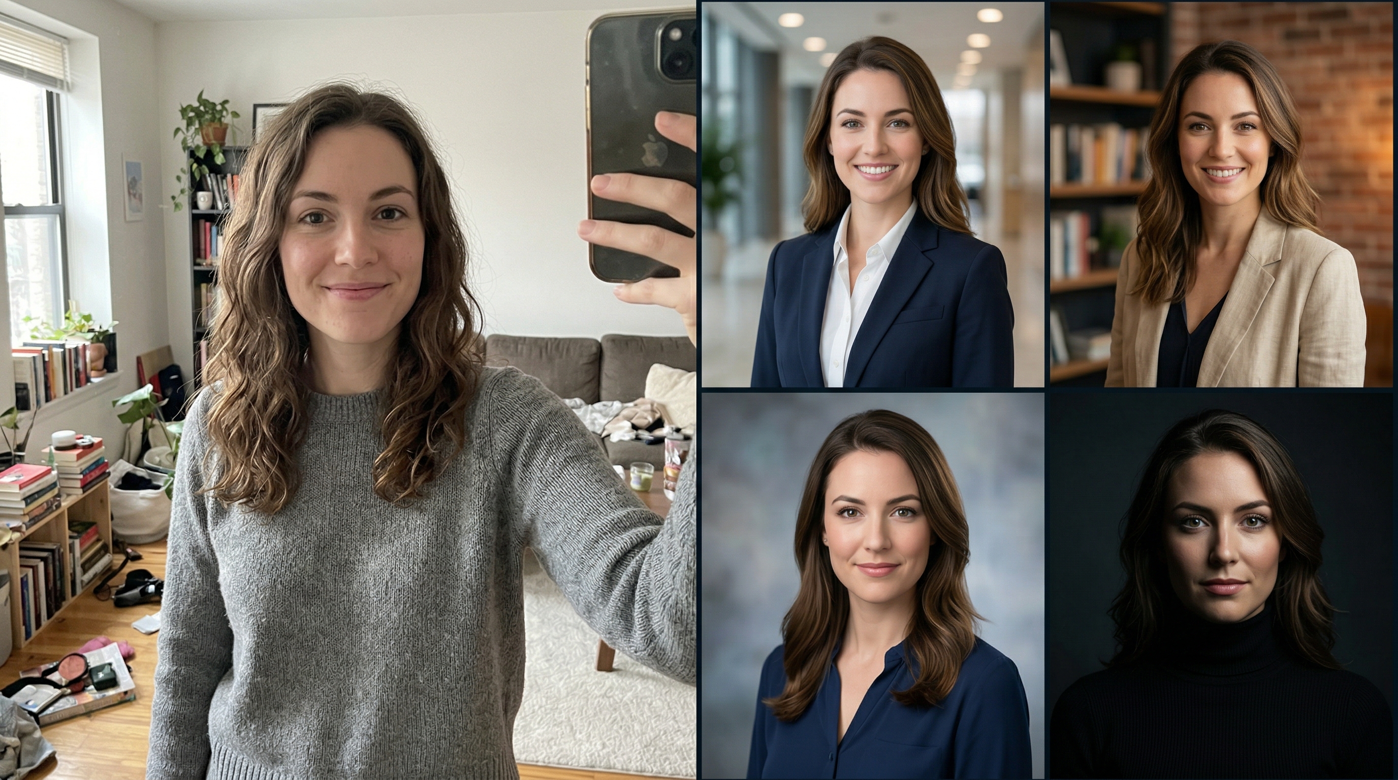 Side-by-side comparison of a casual input selfie on the left and four diverse AI-generated professional headshots on the right, showing the range of styles possible from a single upload