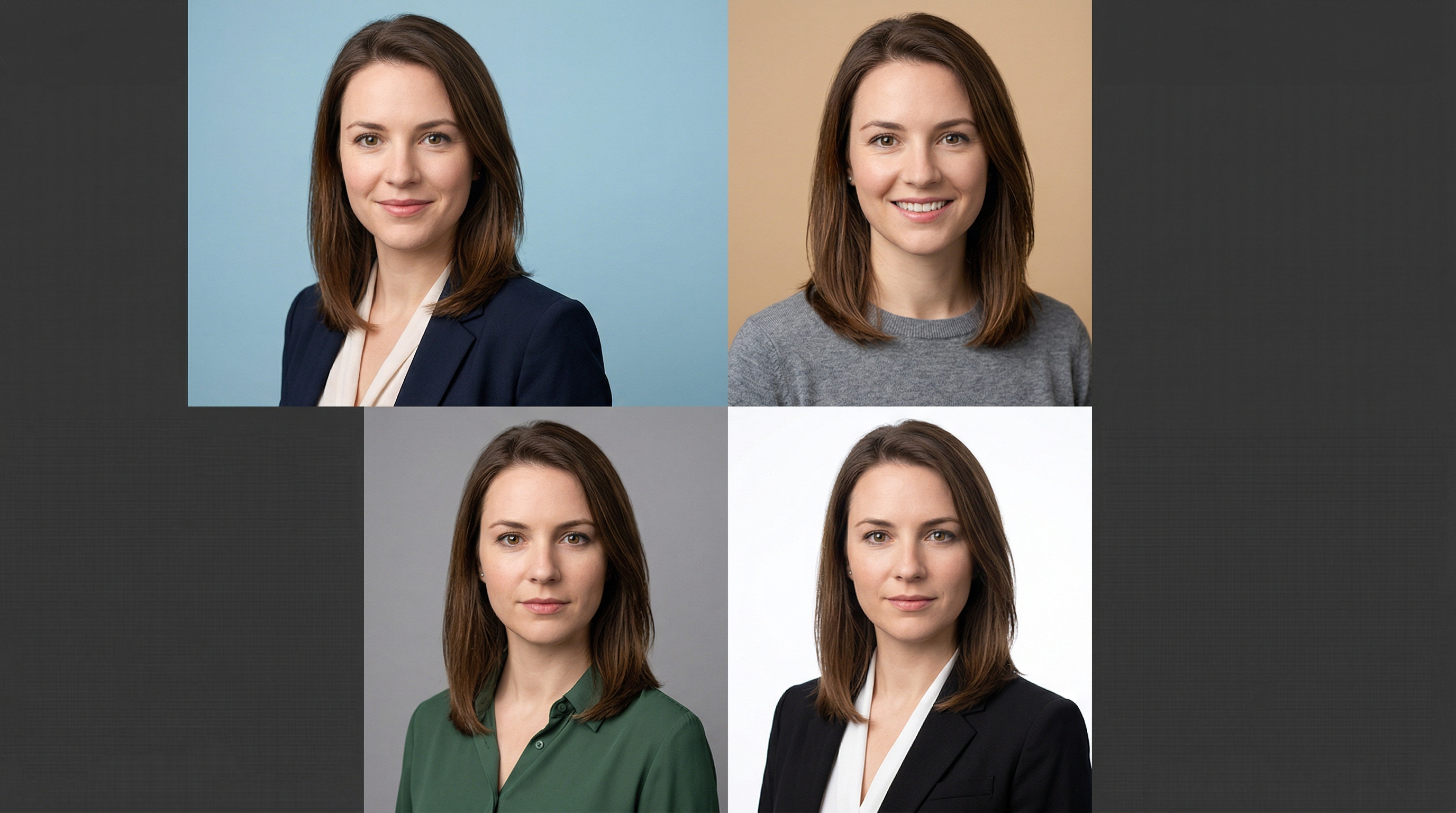 Side-by-side comparison grid showing four variations of the same professional headshot with different backgrounds, attire, and expressions to illustrate how each variable shifts perception of competence, warmth, and trustworthiness