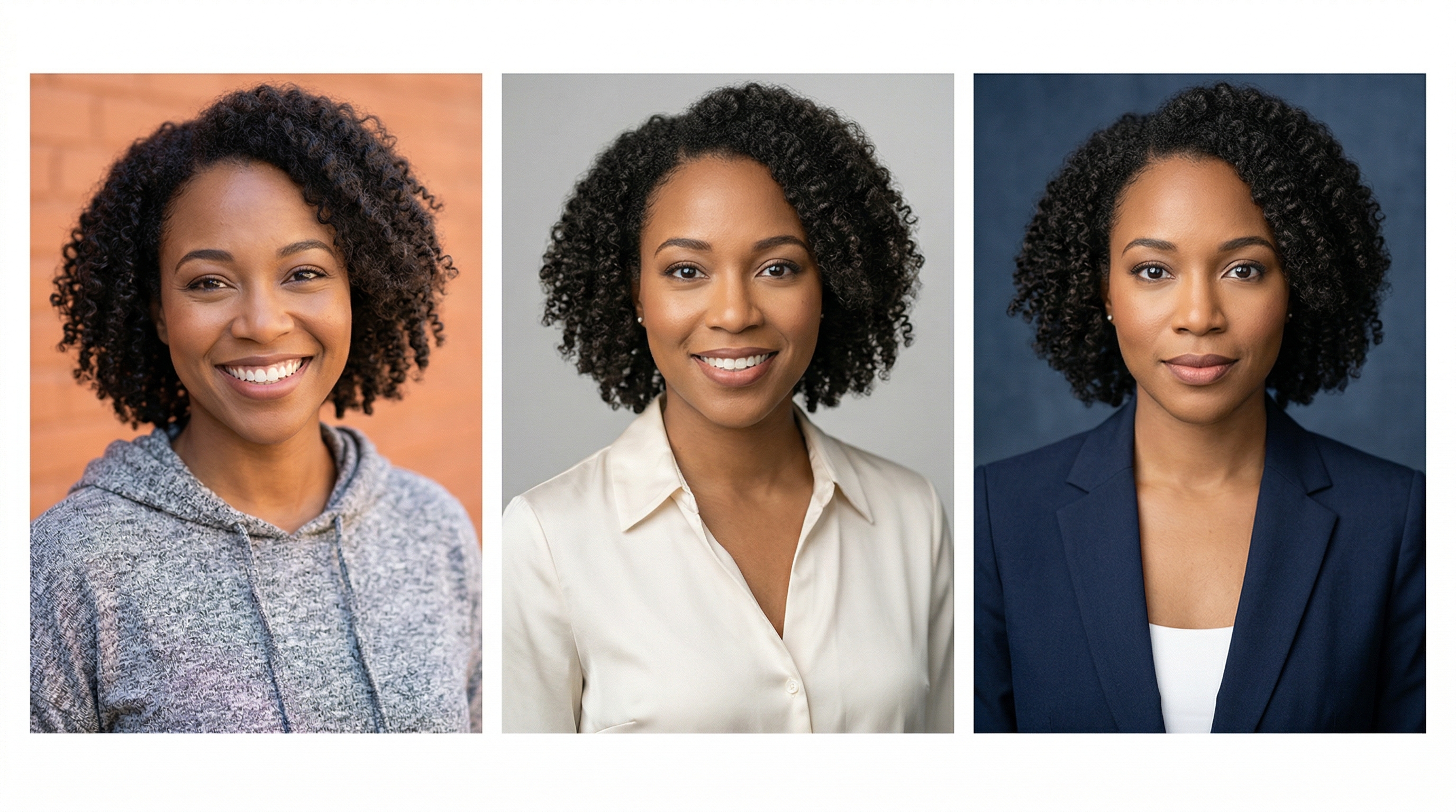 Three headshot variations showing the progression from casual to business casual to formal styling, demonstrating how small changes in attire, background, and expression create significant shifts in perceived competence, warmth, and trustworthiness