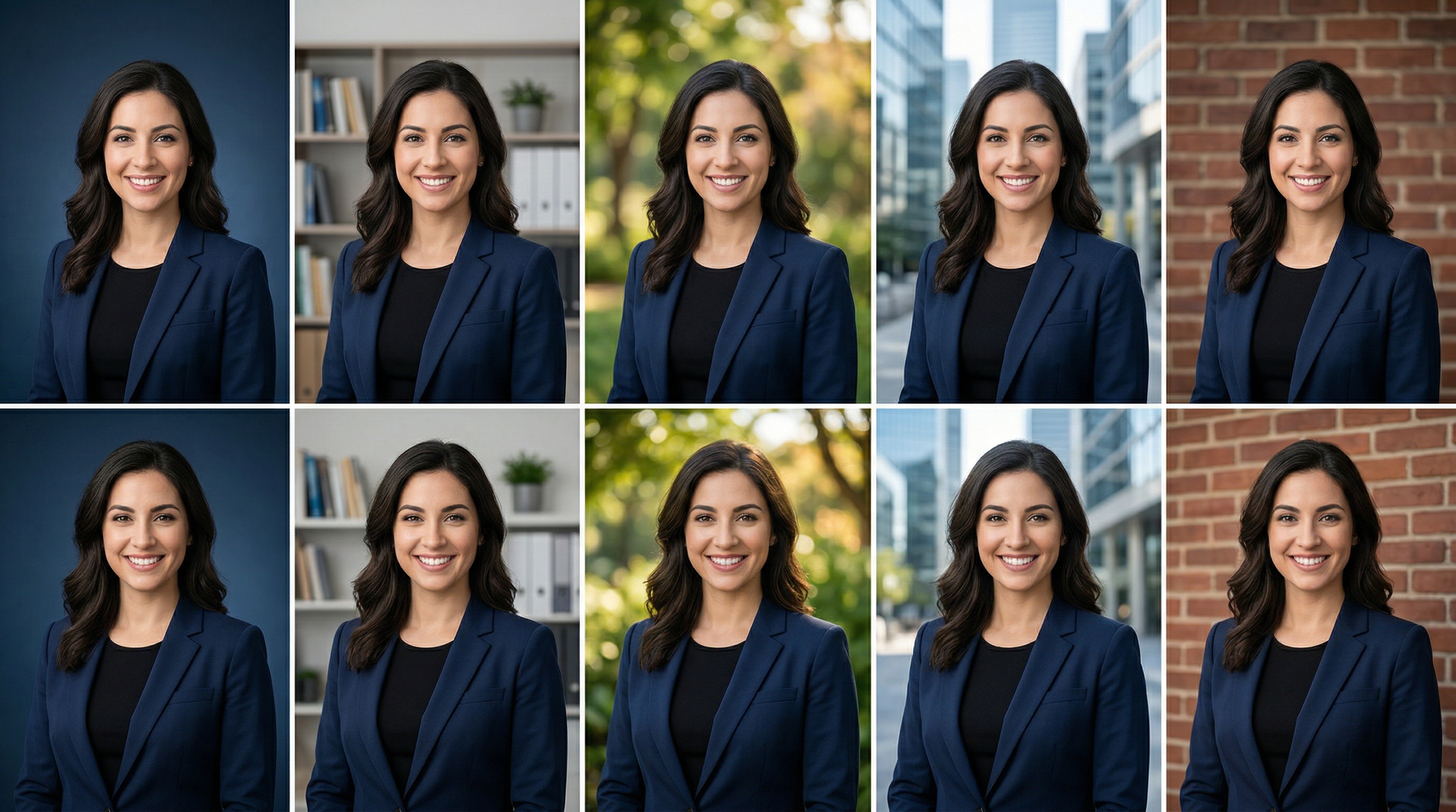 Five versions of the same professional headshot showing different background types: solid studio gradient, office workspace, outdoor nature, urban architecture, and textured brick wall, illustrating how each background changes the impression.