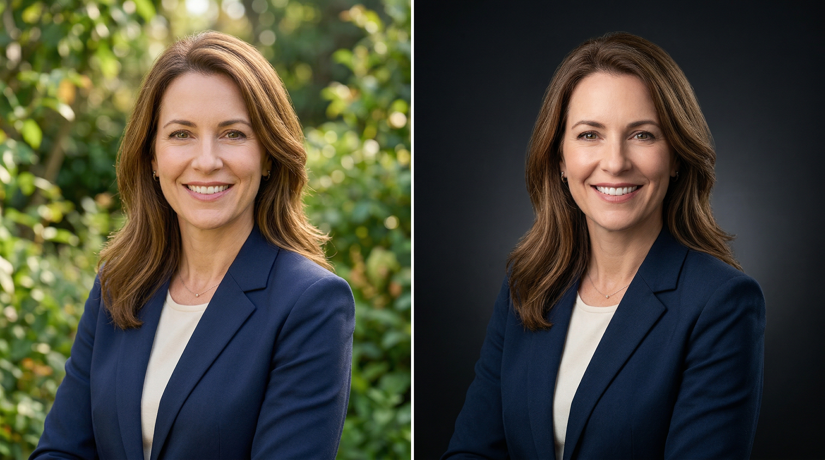 Side-by-side comparison of a financial advisor headshot: garden background on the left appearing warm but less authoritative, versus dark studio gradient on the right appearing competent and trustworthy.