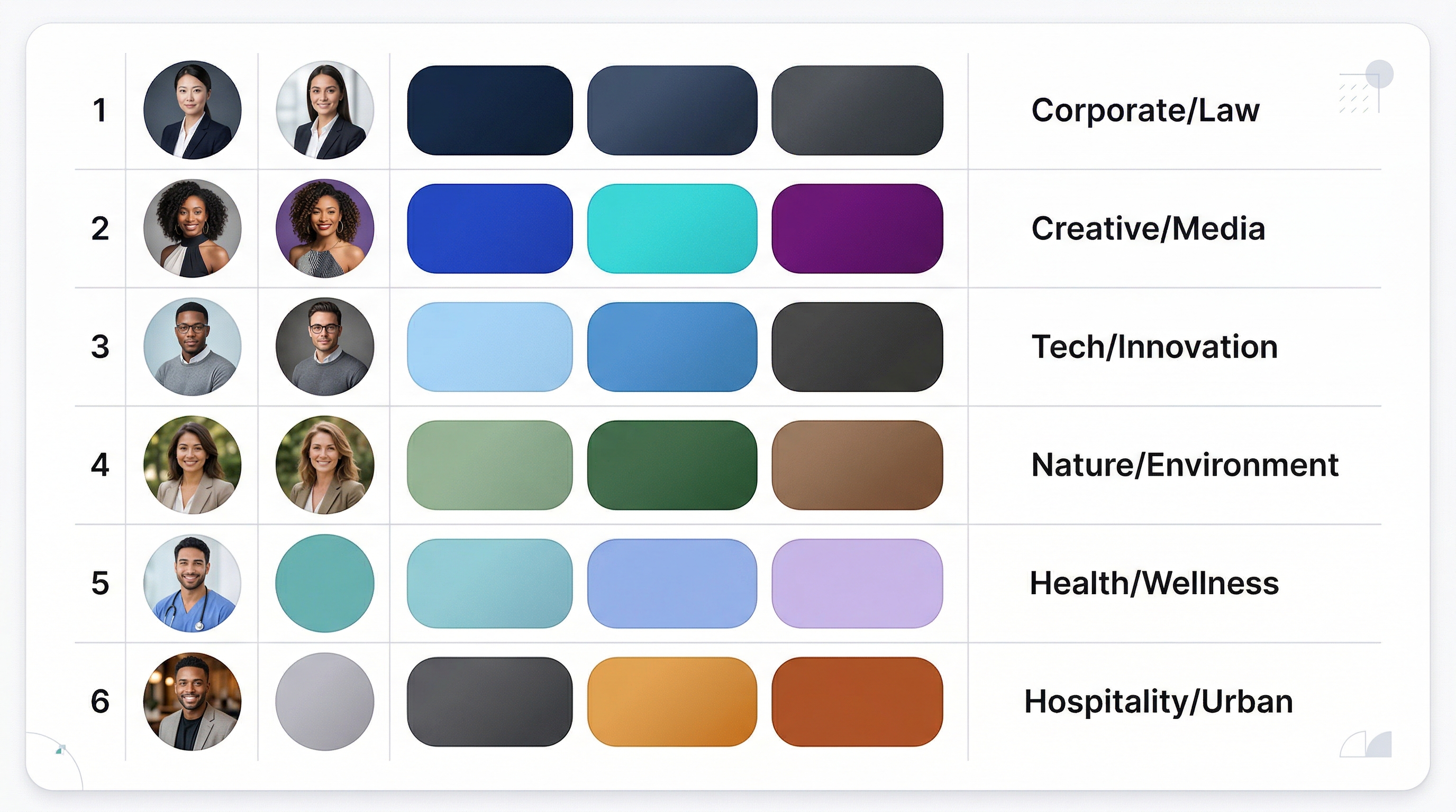 Visual reference card showing recommended headshot background colors and styles matched to different professional industries, from corporate dark gradients to creative warm tones.
