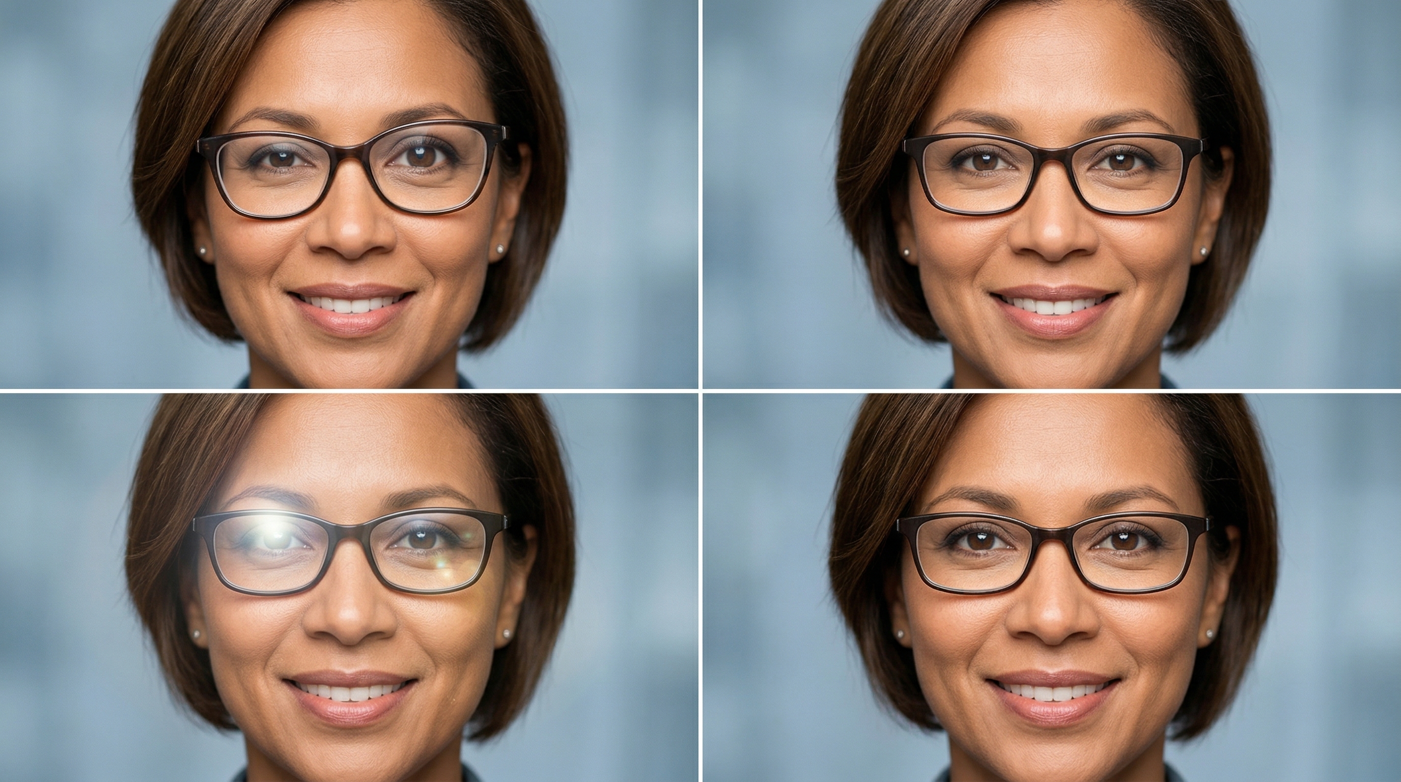 Comparison of common AI glasses artifacts including warped frames and phantom reflections versus a well-generated headshot with clean, accurate glasses rendering