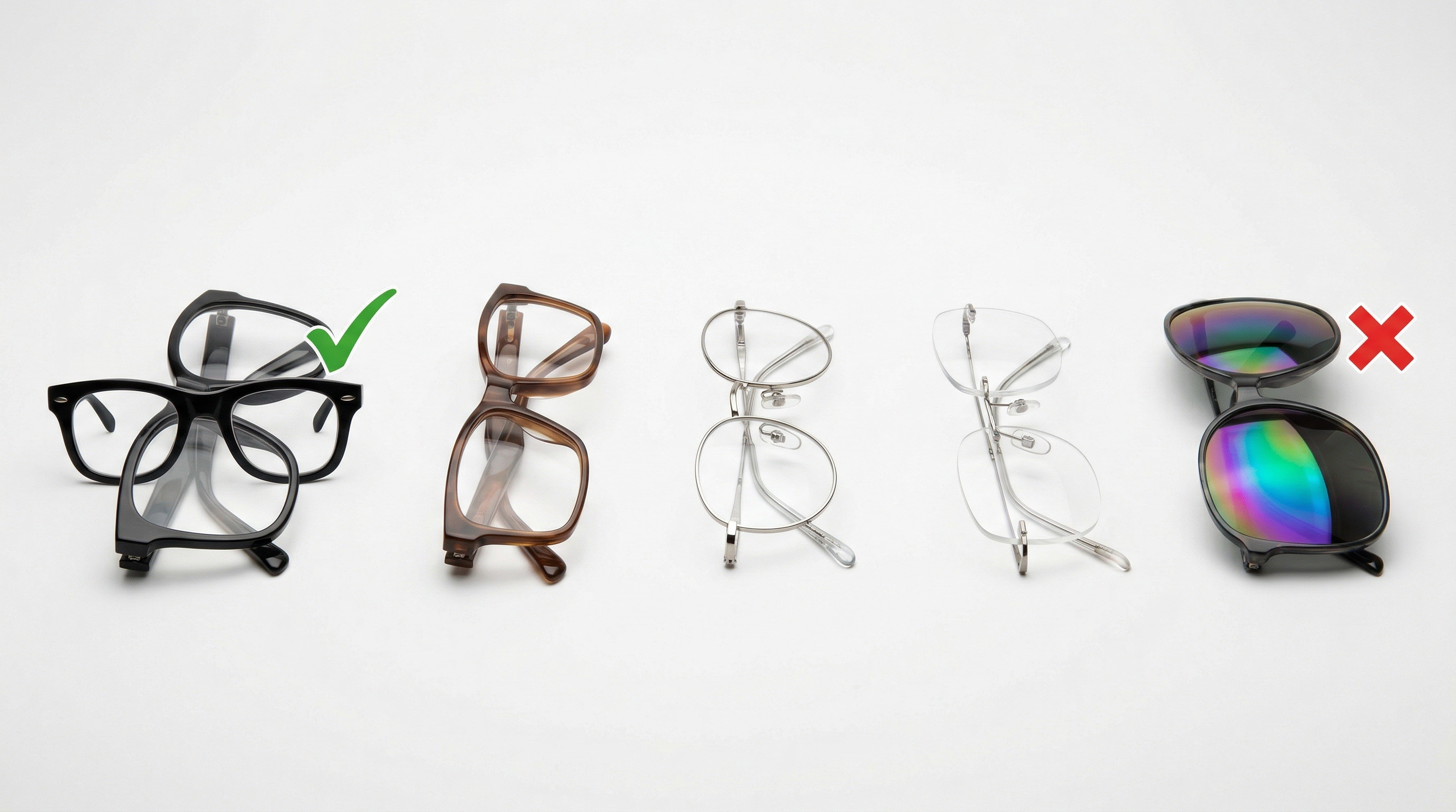 Frame type compatibility chart for AI headshot generation showing thick plastic frames as best and rimless or tinted lenses as most challenging