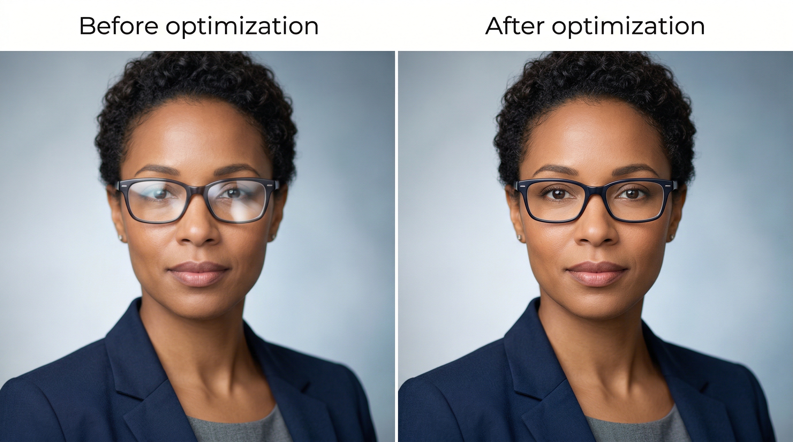 Before and after comparison showing how optimized upload photos produce significantly better AI headshot results with accurate glasses rendering
