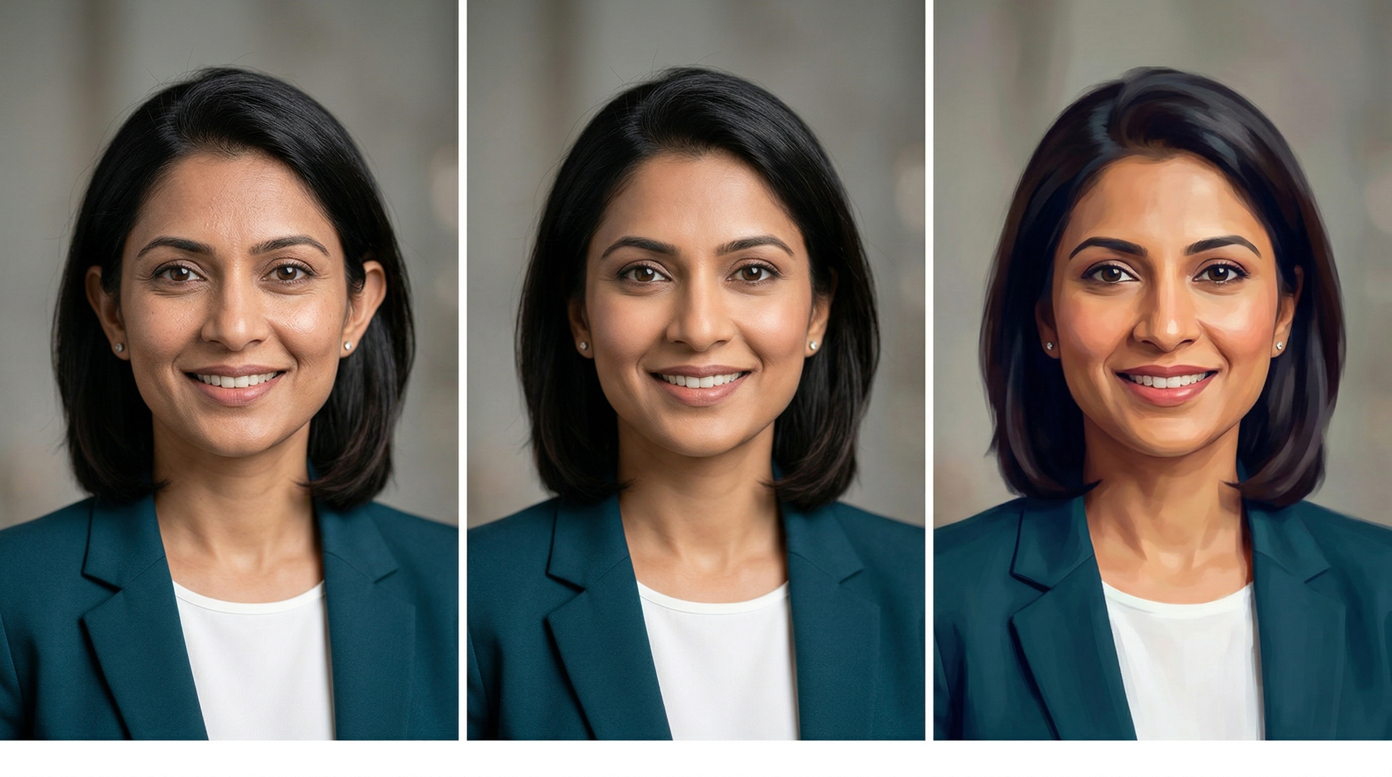 Side-by-side comparison grid showing three AI-generated professional headshots from different models, highlighting differences in skin texture, eye detail, and overall photorealism