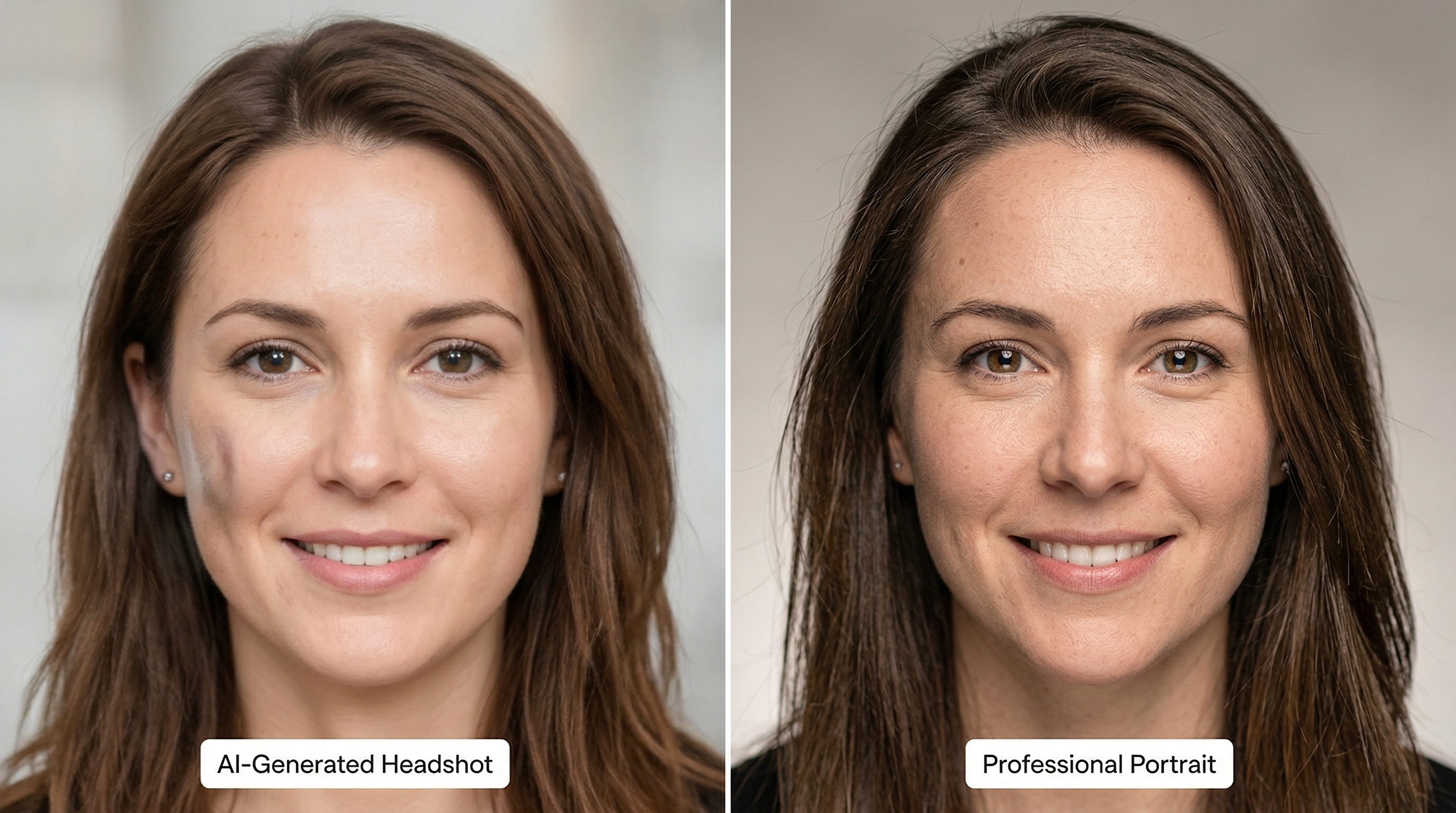 Split comparison showing a raw AI model output with minor artifacts on the left versus a polished, professional-quality AI headshot on the right, illustrating the quality gap that specialized tools can bridge